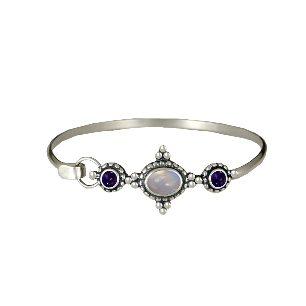 Sterling Silver Strap Latch Spring Hook Bangle Bracelet With Rainbow Moonstone And Amethyst